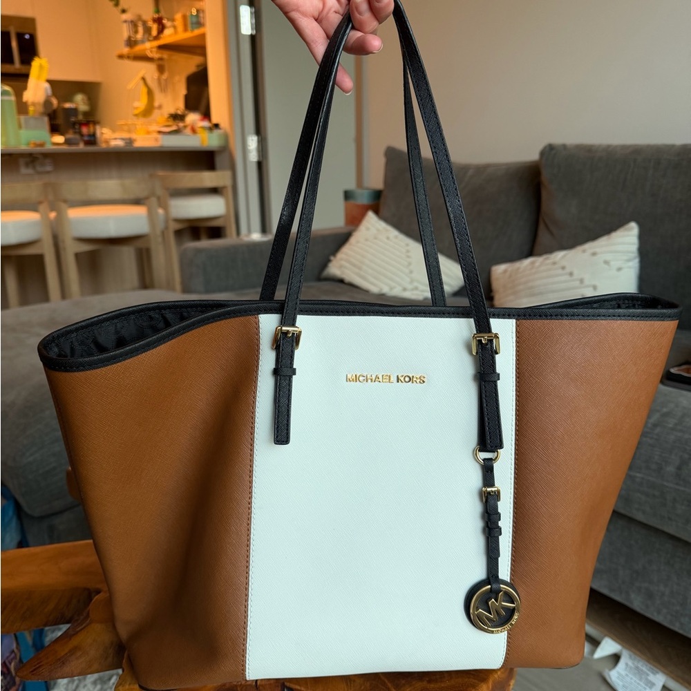 Michael Kors Tan and White Tote Bag